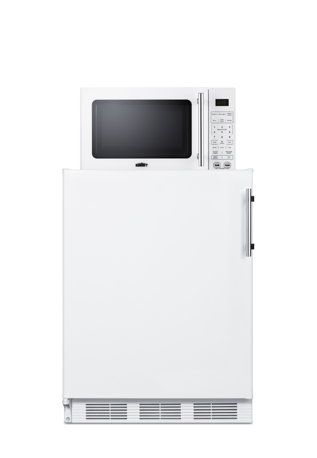 Counter height refrigerator-freezer compact microwave in white with allocator and USB ports for 1-plug operation; ships in three boxes on one pallet